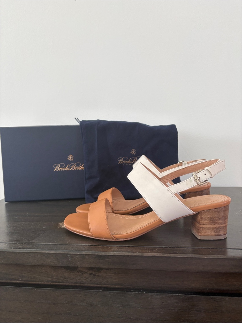 Brooks Brothers Tan and Cream Leather Slingback Block Heel Sandals